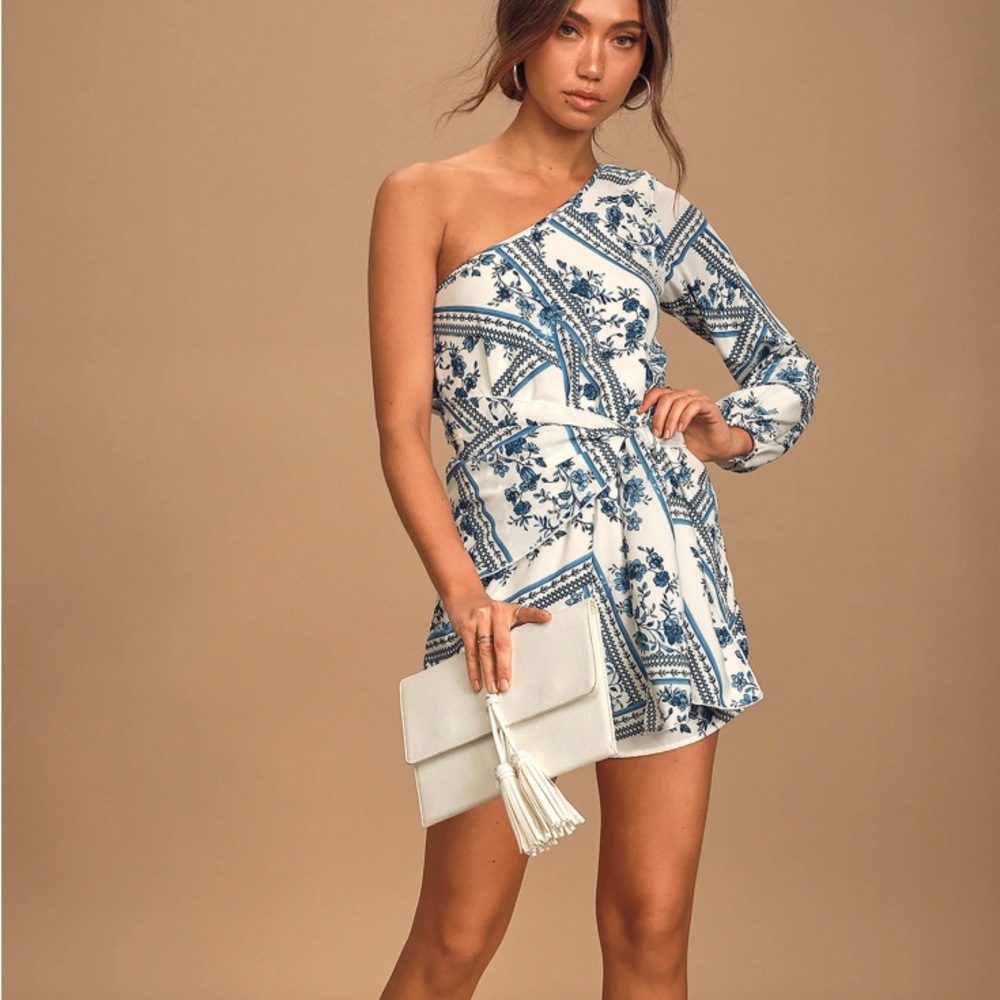 Lulus One Shoulder Blue and White Romper